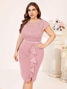 MIUSOL Plus Sheer Floral Lace Bodice Ruffle Draped Cocktail Party Split Hem Dress - Dusty Pink - View 4