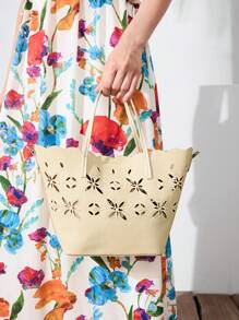 MOTF PREMIUM WOMEN'S FASHIONABLE CASUAL VACATION STYLE SOLID COLOR EMBROIDERED HOLLOW OUT TOTE BAG - Apricot - View 1