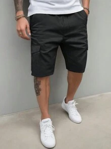Manfinity Homme 男士寬鬆休閒工作短褲，拼接設計，多個口袋 - 黑色 - 查看 4
