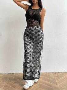 SHEIN Unity Summer Solid Color Round Neck Long Lace See-Through Split Hem Tank Top - Black - View 5