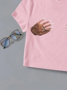 SHEIN EZwear 女士夏季短袖手印圓領休閒T恤 - 淺粉色 - 查看 5