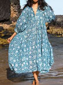 Eilly Bazar Women's Plus Size Boho Floral Print Lantern Sleeve Long Loose Vacation Dress, For Summer