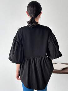 FRIFUL Women's Plain And Simple Short Sleeve Daily Shirt,Ruffle - Black - View 3