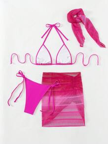 SHEIN Swim Women's Solid Color Halter Neck Bikini Set For Summer Beach, Bra & Bikini Bottom & Cover Up Skirt & Headband, Beach Clothes Bathing Suits Beachwear - Hot Pink - View 4