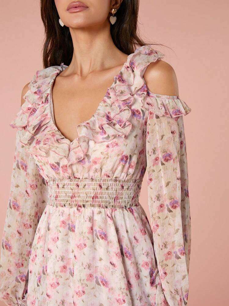 Women's Summer Romantic Shirred Pleated Lace Pink Floral Print Hollow Out Summer Casual Holiday Dress