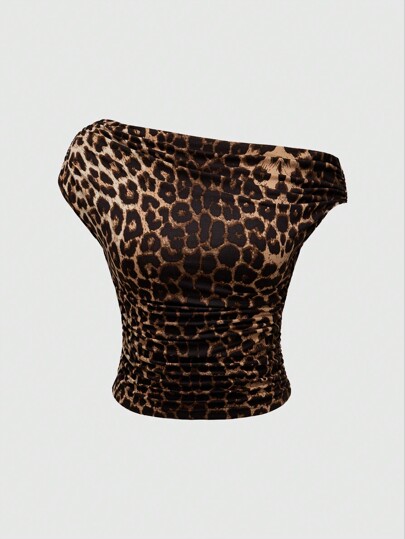 Grunge Punk Y2K Gyaru Leopard Print Tight-Fitting Asymmetrical Neck Ruched Women's T-Shirt, Retro And Millennial, School