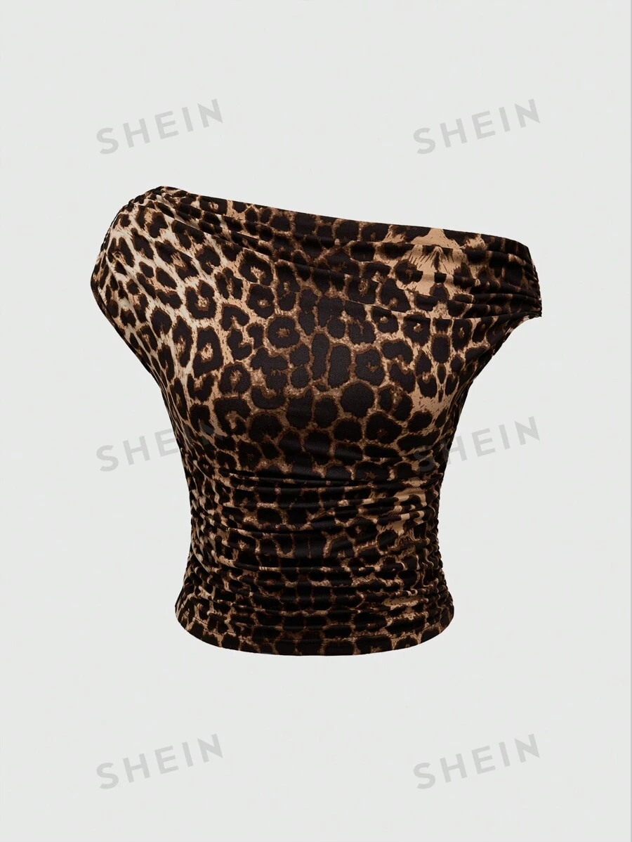 ROMWE Grunge Punk Tricou Y2K Gyaru, cu imprimeu leopard, strâns, cu gât asimetric, cu volan, pentru femei, retro și millennial, școală