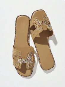 SHUZIA New Summer Slip-Resistant Padded Woven Slides With Rhinestone Decoration, Flat Sandals For Casual Fashion