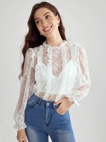 Enchnt Women's Elegant Solid Color Lace See-Through Shirt, Spring/Summer - White - View 7