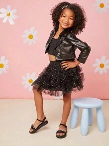 Mini mi Sandalias planas de verano para niños con diseño de pedrería en unicolor de moda - Negro - Ver 3