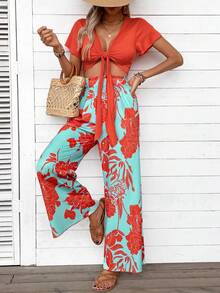 Breezaya 女士純色上衣與印花長褲，簡約日常2件套裝 - 橘色 - 查看 5