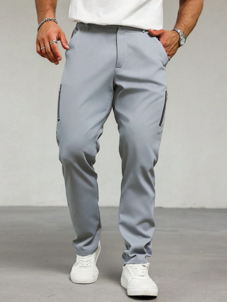 Manfinity Homme 男士純色直筒帶口袋休閒褲 - 灰色 - 查看 1