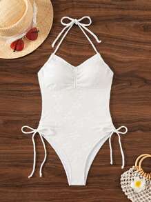 Swim Mod Summer Beach Solid Color White One-Piece Swimsuit With Drawstring Sides And Open Back Design