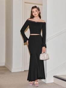 少女夏季優雅露肩招搖袖短上衣和人魚裙套裝 - 黑色 - 查看 6