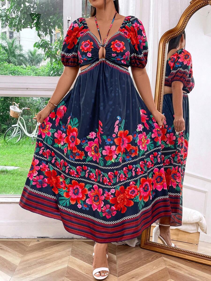 Flirla Plus Size Printed Hollow Out Dress For Vacation - Black - View 1
