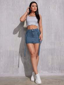 Women's Denim Skirt With Belt Buckle And Flap Pockets, Unique Design - Blue - View 8