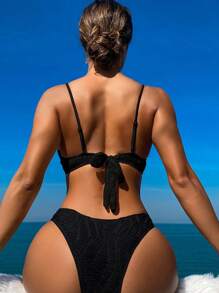 Swim Vcay Women's Solid Color Pleated Sexy Bikini Set For Summer Beach - Black - View 2
