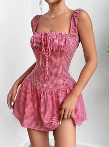 SHEIN EZwear Women's Plaid Print Simple Daily Sleeveless Dress - Red - View 4