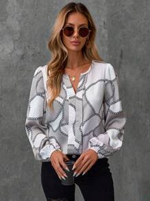 SHEIN LUNE Women's V-Neck Chain Print Casual Long Sleeve Shirt For Summer Vacation - Multicolor - View 5