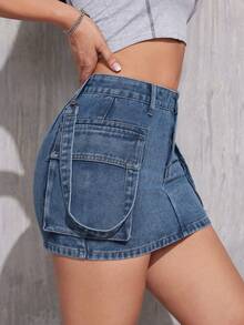 Women's Denim Skirt With Belt Buckle And Flap Pockets, Unique Design - Blue - View 7