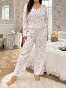 CottageSlumber Plus-Size Floral Print Collar And Lace Hem Decorated Pajamas Set - Multicolor - View 6