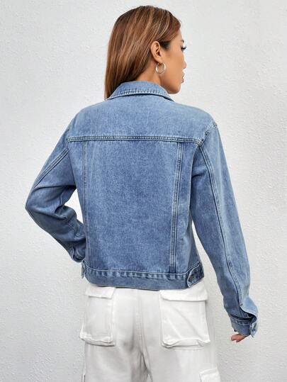 SHEIN EZwear Women's Single Breasted Washed Denim Jacket, Fall Women Clothes