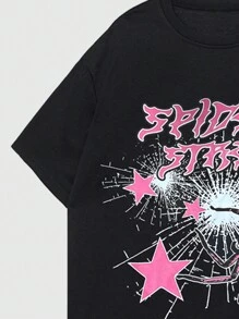 ROMWE MEN Grunge Punk Bộ áo thun nam tay ngắn mùa hè in chữ và ngôi sao, quần short cạp rút dây, đi học - Nhiều màu - Xem 3