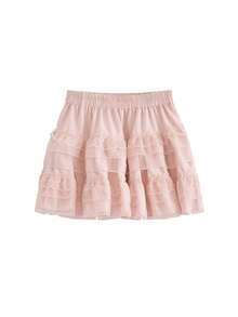 女士纯色分层钩编A字中长夏季半身裙休闲粉色春季 - 粉色 - 查看 2