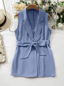 Mulvari Ladies' Plain Belted Sleeveless Top And Long Pants Summer Casual Suit