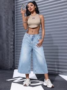 SHEIN EZwear Quần denim dáng rộng cạp cao có túi cho nữ - Rửa nhẹ - Xem 5
