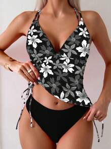 SHEIN Swim 夏季随机印花两件套泳衣 - 黑色 - 查看 1