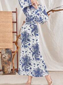 Modelyn Top à manches longues avec encolure ronde et jupe femme, imprimé tout-over, style élégant, 2 pièces, ensemble d'été