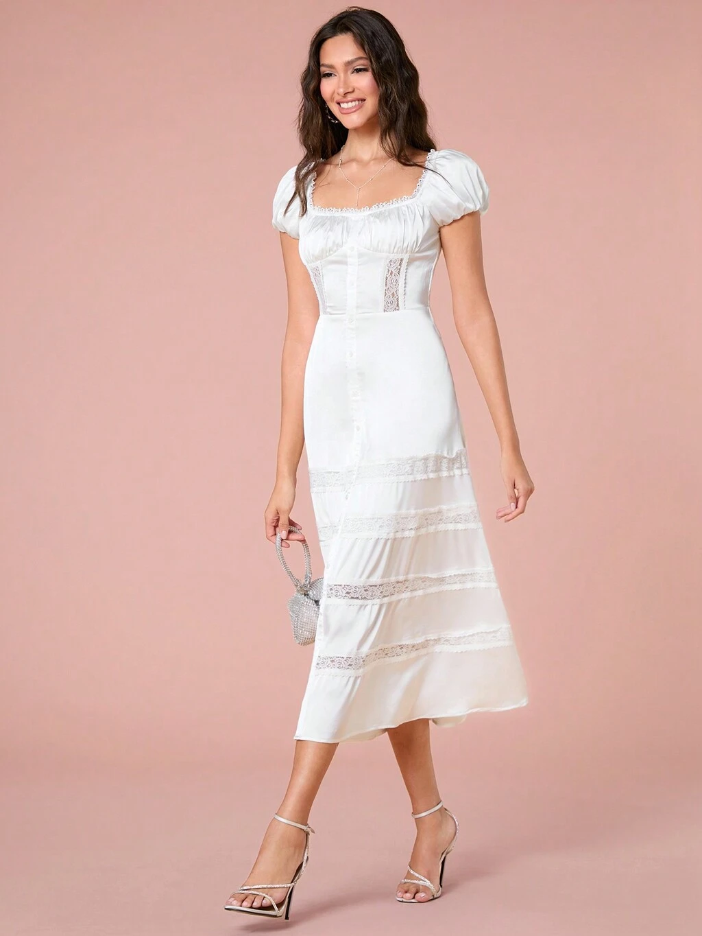 Women's Elegant Solid Color Lace Spliced Puff Sleeve Dress, Summer