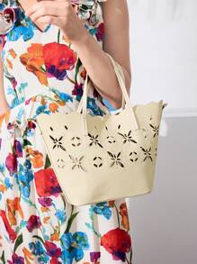 MOTF PREMIUM WOMEN'S FASHIONABLE CASUAL VACATION STYLE SOLID COLOR EMBROIDERED HOLLOW OUT TOTE BAG - Apricot - View 6