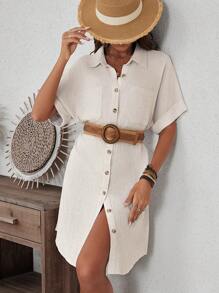 SHEIN LUNE Summer Comfortable Khaki Short Shirt Dress With Linen-Like Texture