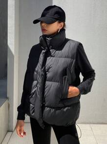 DAZY Women's Sleeveless Vest With Pockets, Black, Winter Women Clothes, Padded Coat Women