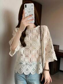 FRIFUL 女式春夏宽松圆领花卉网眼上衣，3/4袖，透明长袖女式上衣