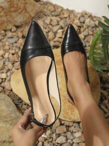 Giày sandal quai ngang khối màu mũi nhọn mới dành cho nữ, Giày đế bệt gót chân Chunky bằng da sáng bóng - màu đen - Xem 2