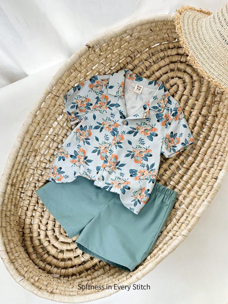 Baby Boy Floral Printed Short-Sleeved Polo Shirt And Shorts Set, Suitable For Summer Outings, Home And Beach Vacations