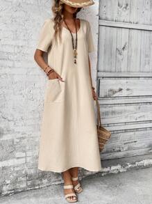 EMERY ROSE Vestido largo de verano casual para mujer con cuello en V, bolsillo y de un solo color - Albaricoque - Ver 3