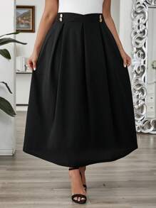 EMERY ROSE 大尺碼女性夏季套裝，教師裝顏色純色簡約日常A字裙 - 黑色 - 查看 3