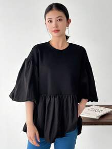 FRIFUL Women's Plain And Simple Short Sleeve Daily Shirt,Ruffle - Black - View 5