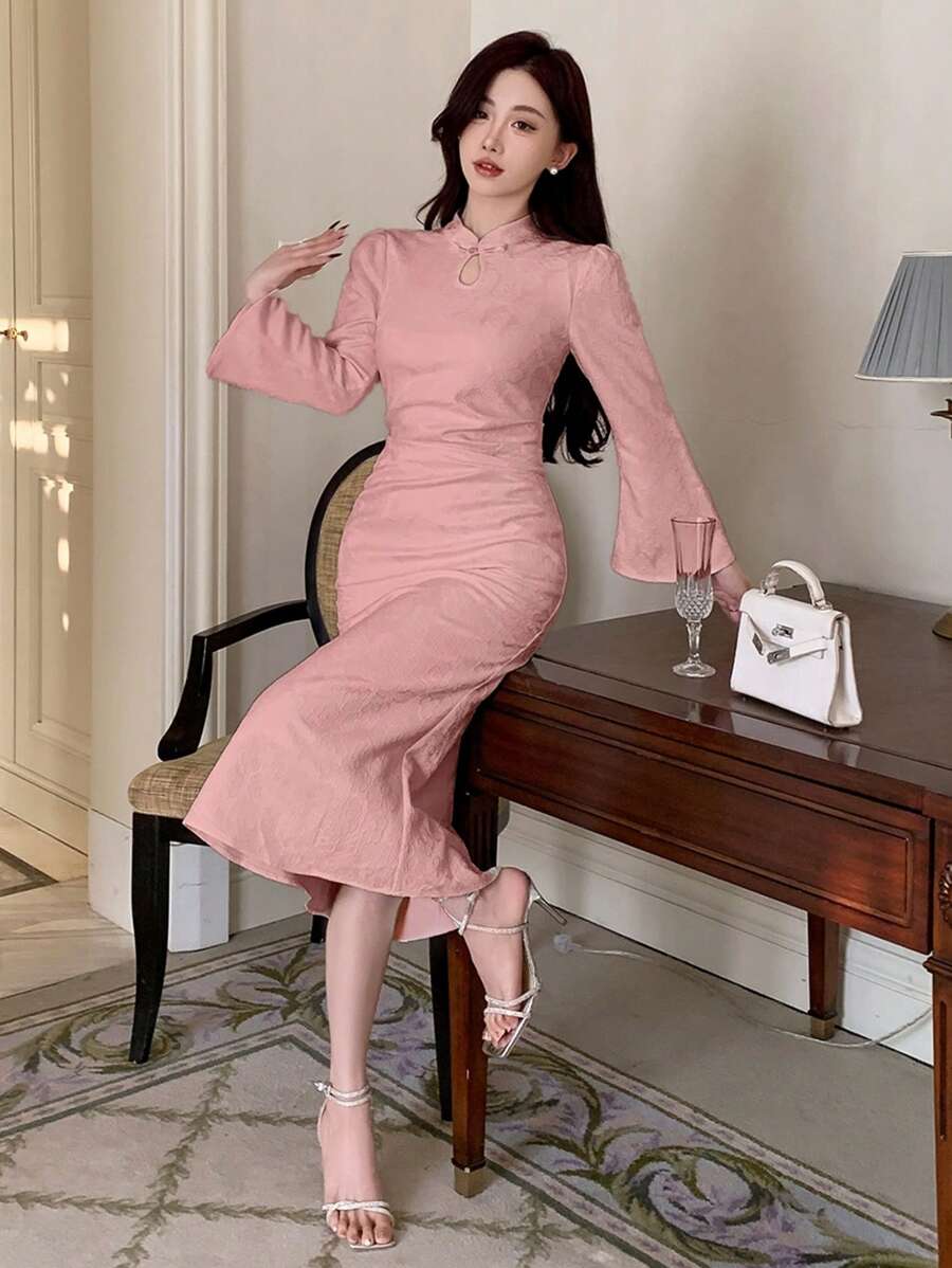 DAZY Váy đuôi cá tay kèn cổ đứng kiểu Trung Hoa mới thanh lịch, chất liệu jacquard cho mùa xuân/thu, váy dạ hội, bèo nhún - Hồng - Xem 1