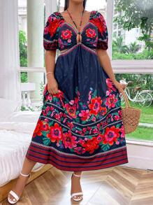 Flirla Plus Size Printed Hollow Out Dress For Vacation - Black - View 6