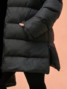 EURMUSE Plus Size Zip Up Drawstring Hooded Puffer Coat, For Winter - Black - View 3