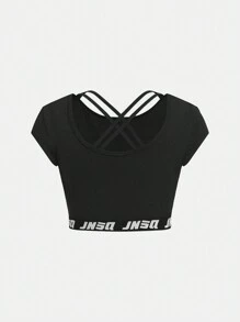 SHEIN 少女們的針織純色拼接字母肩帶T卹和短褲運動套裝 - 黑色 - 查看 9
