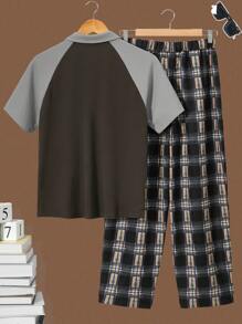 Setelan Musim Panas Kasual untuk Remaja Laki-laki: Atasan Lengan Pendek Motif Huruf Blok Warna & Celana Kotak-kotak, 2pcs/Set - MultiWarna - View 2