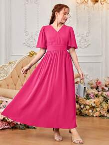 SHEIN Vestido cruzado en línea A para adolescente con cintura fruncida, cuello solapado, manga corta y dobladillo largo, perfecto para vacaciones / salidas informales - Rosa Fucsia - Ver 3
