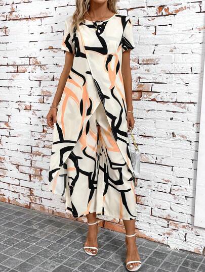 SHEIN Clasi Black & White Polka Dot Short Sleeve Overlap Top And Long Pants 2-Piece Set For Plus Size Women Casual Outfits