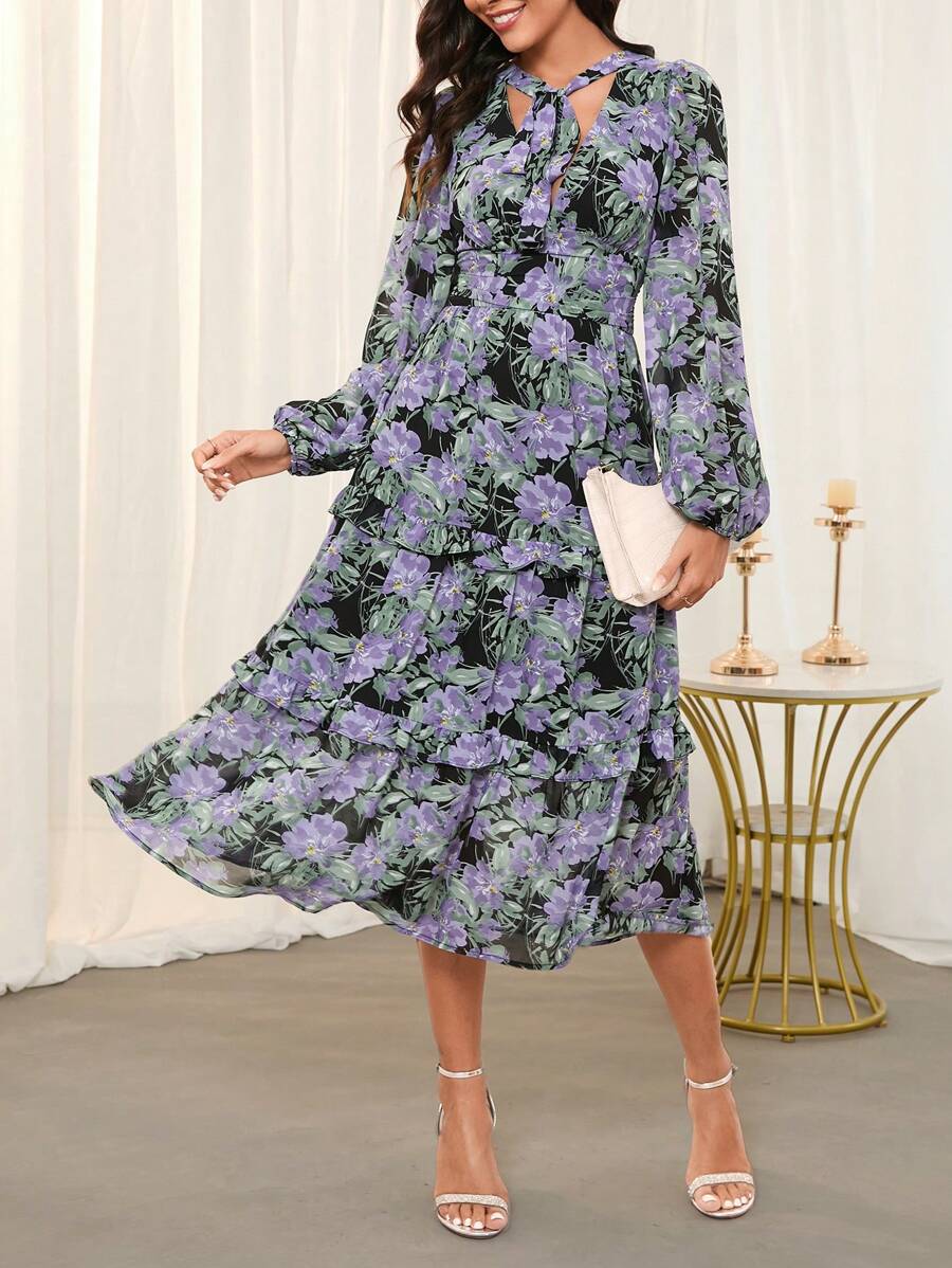 SHEIN Clasi Women's Deep V-Neck Waist-Tie Purple Long Chiffon Dress With Puffy Sleeves And Floral/Plant Pattern - Multicolor - View 1